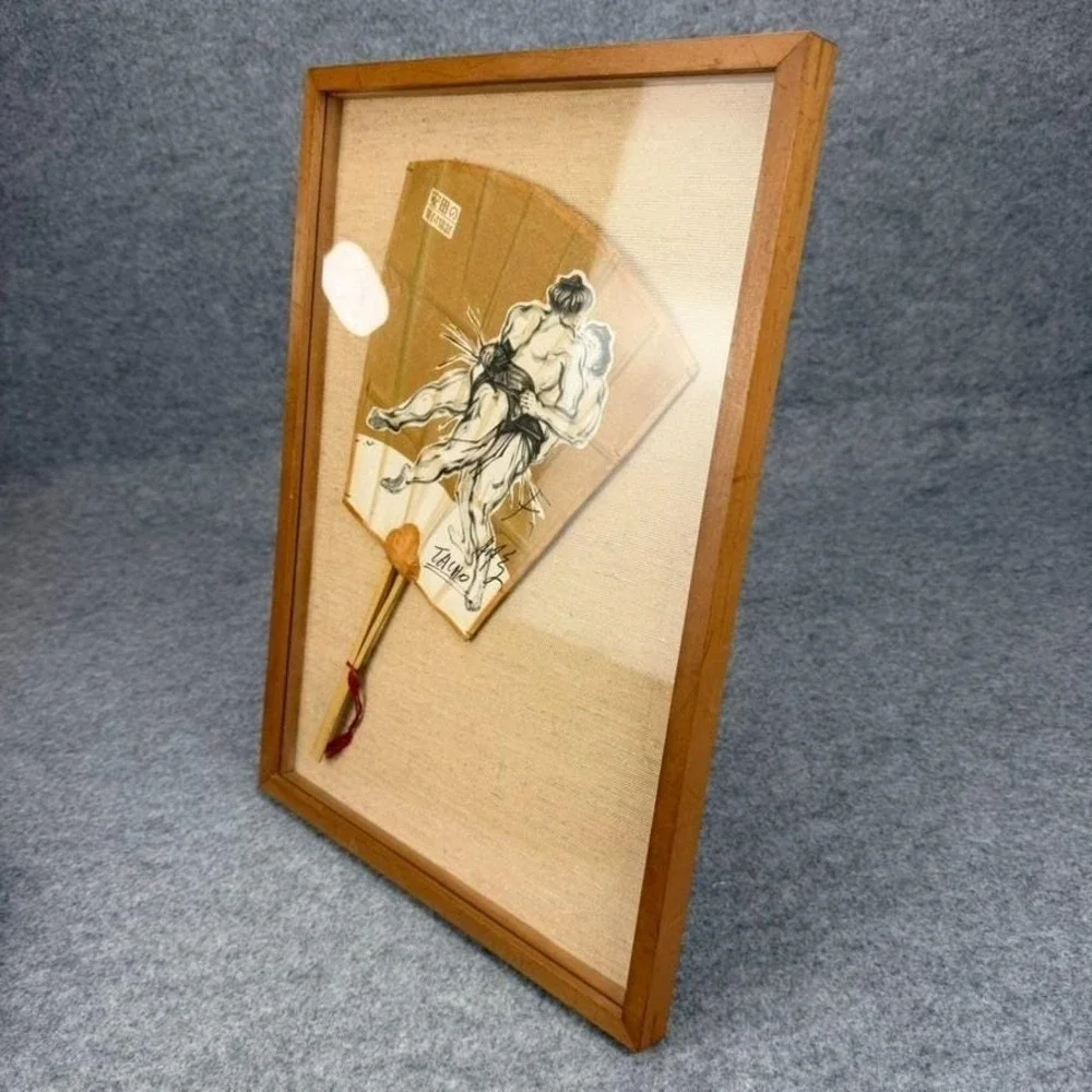 Vintage Japanese Framed Uchiwa Bamboo Fan Sumo Wrestlers Signed TACHO 12x17